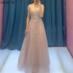 Pink A-Line Luxury Beading Sparkle Evening Dresses Dubai O-Neck Cap Sleeves Formal Dress Serene Hill LA70580