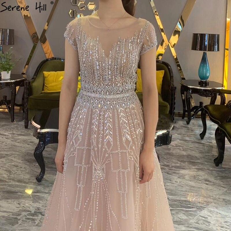 Pink A-Line Luxury Beading Sparkle Evening Dresses Dubai O-Neck Cap Sleeves Formal Dress Serene Hill LA70580