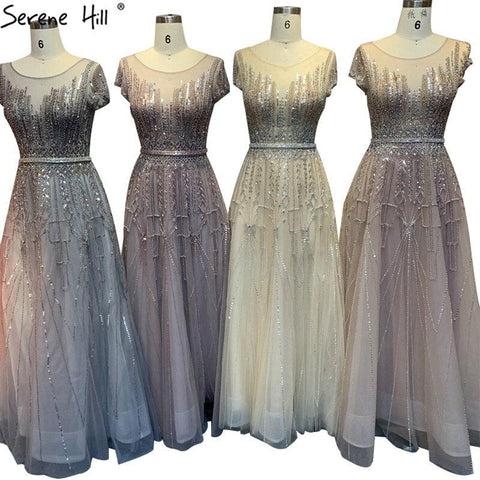 Vestido de noche rosa de lujo con cuentas y brillo, corte A, estilo Dubái, cuello redondo, mangas cortas, vestido formal Serene Hill LA70580 
