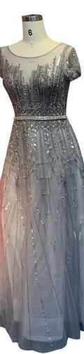 Pink A-Line Luxury Beading Sparkle Evening Dresses Dubai O-Neck Cap Sleeves Formal Dress Serene Hill LA70580