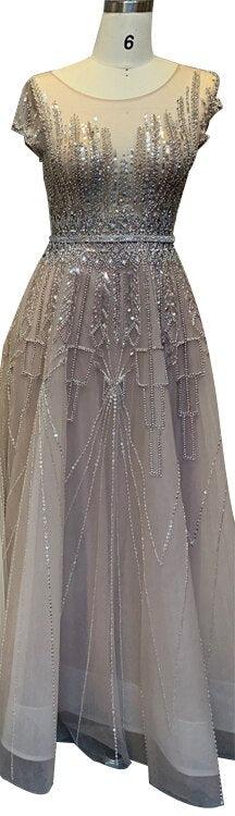 Pink A-Line Luxury Beading Sparkle Evening Dresses Dubai O-Neck Cap Sleeves Formal Dress Serene Hill LA70580