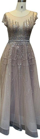 Vestido de noche rosa de lujo con cuentas y brillo, corte A, estilo Dubái, cuello redondo, mangas cortas, vestido formal Serene Hill LA70580 