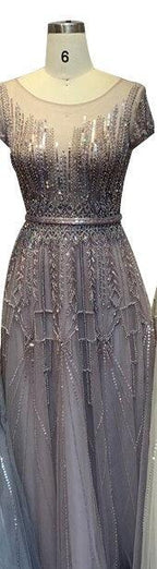 Pink A-Line Luxury Beading Sparkle Evening Dresses Dubai O-Neck Cap Sleeves Formal Dress Serene Hill LA70580