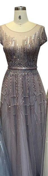 Pink A-Line Luxury Beading Sparkle Evening Dresses Dubai O-Neck Cap Sleeves Formal Dress Serene Hill LA70580