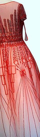 Vestido de noche rosa de lujo con cuentas y brillo, corte A, estilo Dubái, cuello redondo, mangas cortas, vestido formal Serene Hill LA70580 