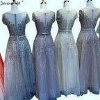 Pink A-Line Luxury Beading Sparkle Evening Dresses Dubai O-Neck Cap Sleeves Formal Dress Serene Hill LA70580