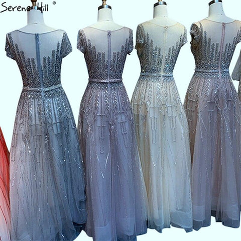 Vestido de noche rosa de lujo con cuentas y brillo, corte A, estilo Dubái, cuello redondo, mangas cortas, vestido formal Serene Hill LA70580 