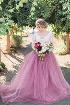 NumberSea Pink Tulle A-line Long Sleeves Lace Top Vintage Wedding Dresses, MW919