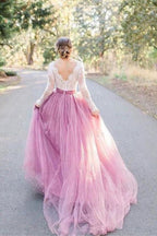 NumberSea Pink Tulle A-line Long Sleeves Lace Top Vintage Wedding Dresses, MW919