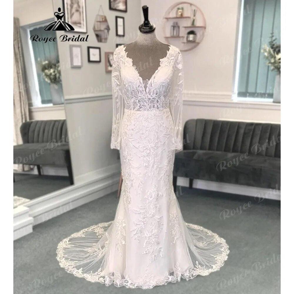Vestido de novia para mujer con cuello de pico pronunciado, apliques de encaje, manga larga, sin espalda, vestido de novia corte sirena