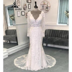 Vestido de novia para mujer con cuello de pico pronunciado, apliques de encaje, manga larga, sin espalda, vestido de novia corte sirena