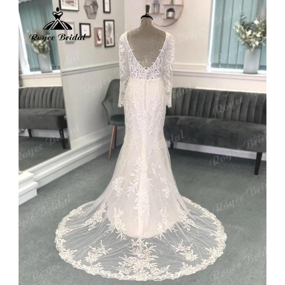 Vestido de novia para mujer con cuello de pico pronunciado, apliques de encaje, manga larga, sin espalda, vestido de novia corte sirena