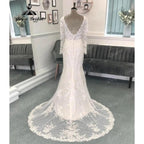 Vestido de novia para mujer con cuello de pico pronunciado, apliques de encaje, manga larga, sin espalda, vestido de novia corte sirena