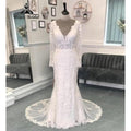 Vestido de novia para mujer con cuello de pico pronunciado, apliques de encaje, manga larga, sin espalda, vestido de novia corte sirena