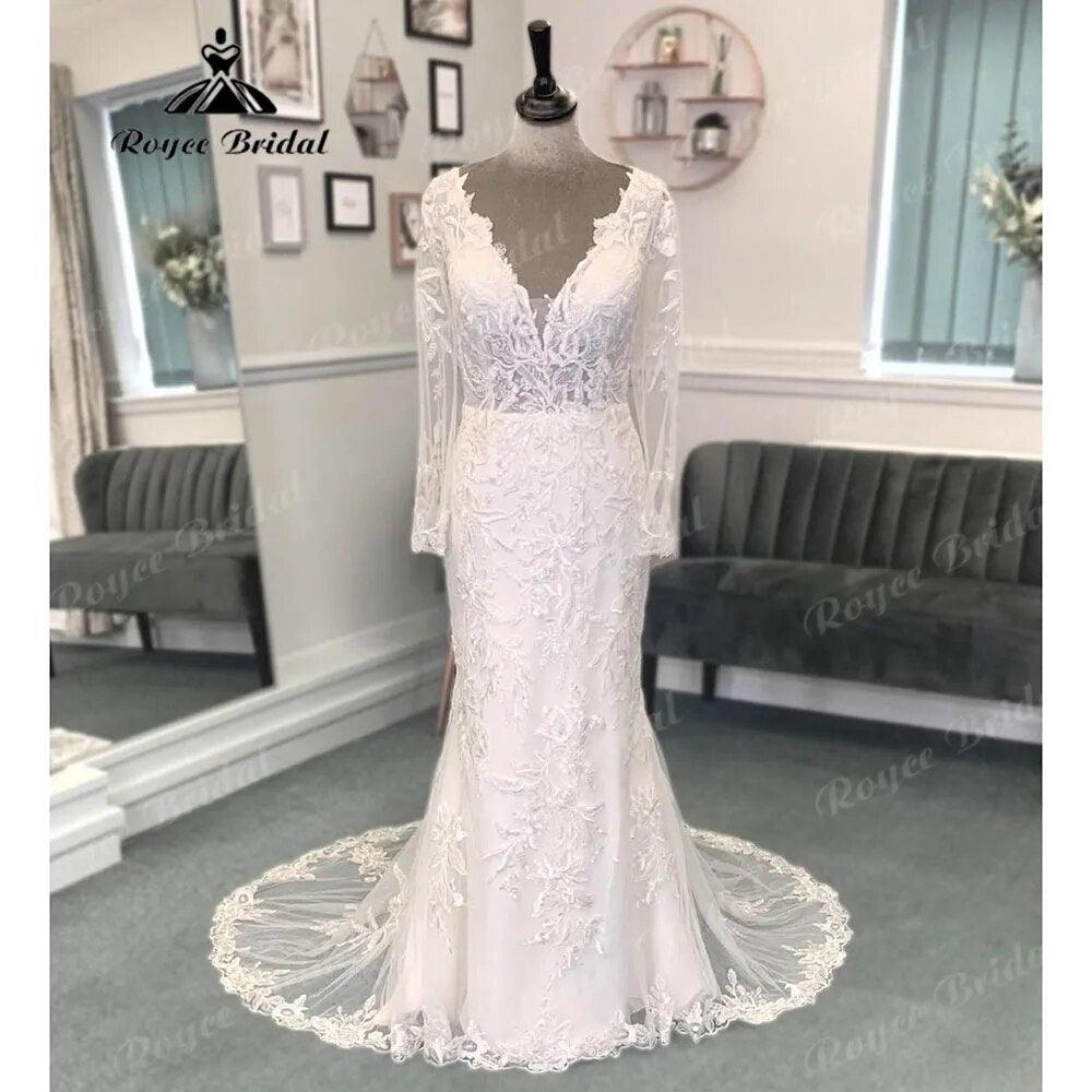 Plunging Deep V Neck Lace Appliques Long Sleeve Backless Wedding Dress for Women Bridal Gown vestido de boda corte sirena