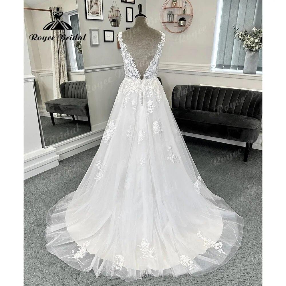 Tiefer V-Ausschnitt, Spitze, Blumenmuster, Hochzeitskleid für Frauen 2024, Applikationen, rückenfreies Brautkleid, maßgeschneidert, Robe de Mariee 