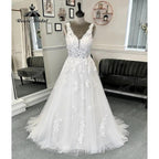 Tiefer V-Ausschnitt, Spitze, Blumenmuster, Hochzeitskleid für Frauen 2024, Applikationen, rückenfreies Brautkleid, maßgeschneidert, Robe de Mariee 