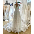 Tiefer V-Ausschnitt aus Spitze mit Blumenmuster, Boho-Hochzeitskleid für Damen, Gartenhochzeitskleid für die Braut, rückenfreies vestido de noiva