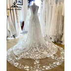 Tiefer V-Ausschnitt aus Spitze mit Blumenmuster, Boho-Hochzeitskleid für Damen, Gartenhochzeitskleid für die Braut, rückenfreies vestido de noiva