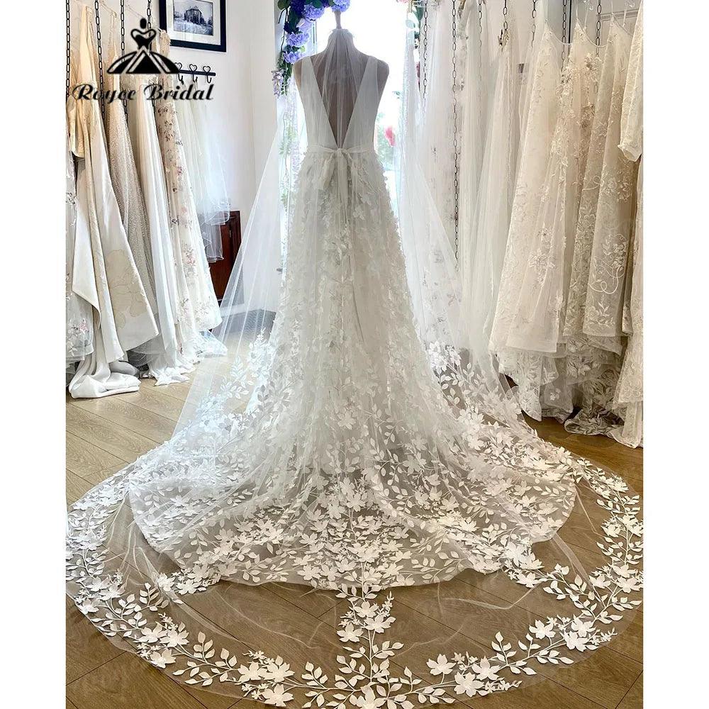 Vestido de Novia Boho de Encaje con Escote en V Profundo de Encaje Floral para Mujer Vestido de Novia para Jardín con Espalda Descubierta vestido de noiva
