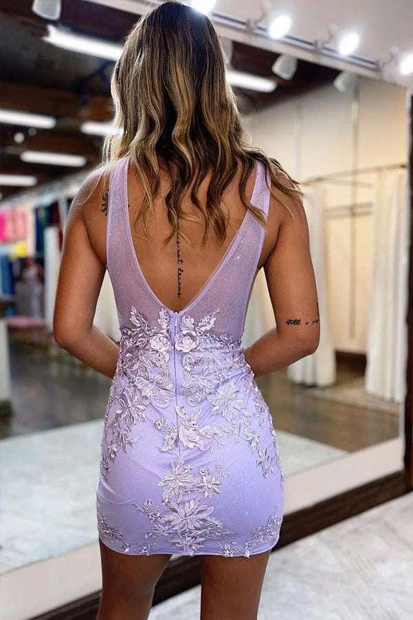 Plunging V-Neck Lavender Straps Appliques Illusion Homecoming Dress  PD470