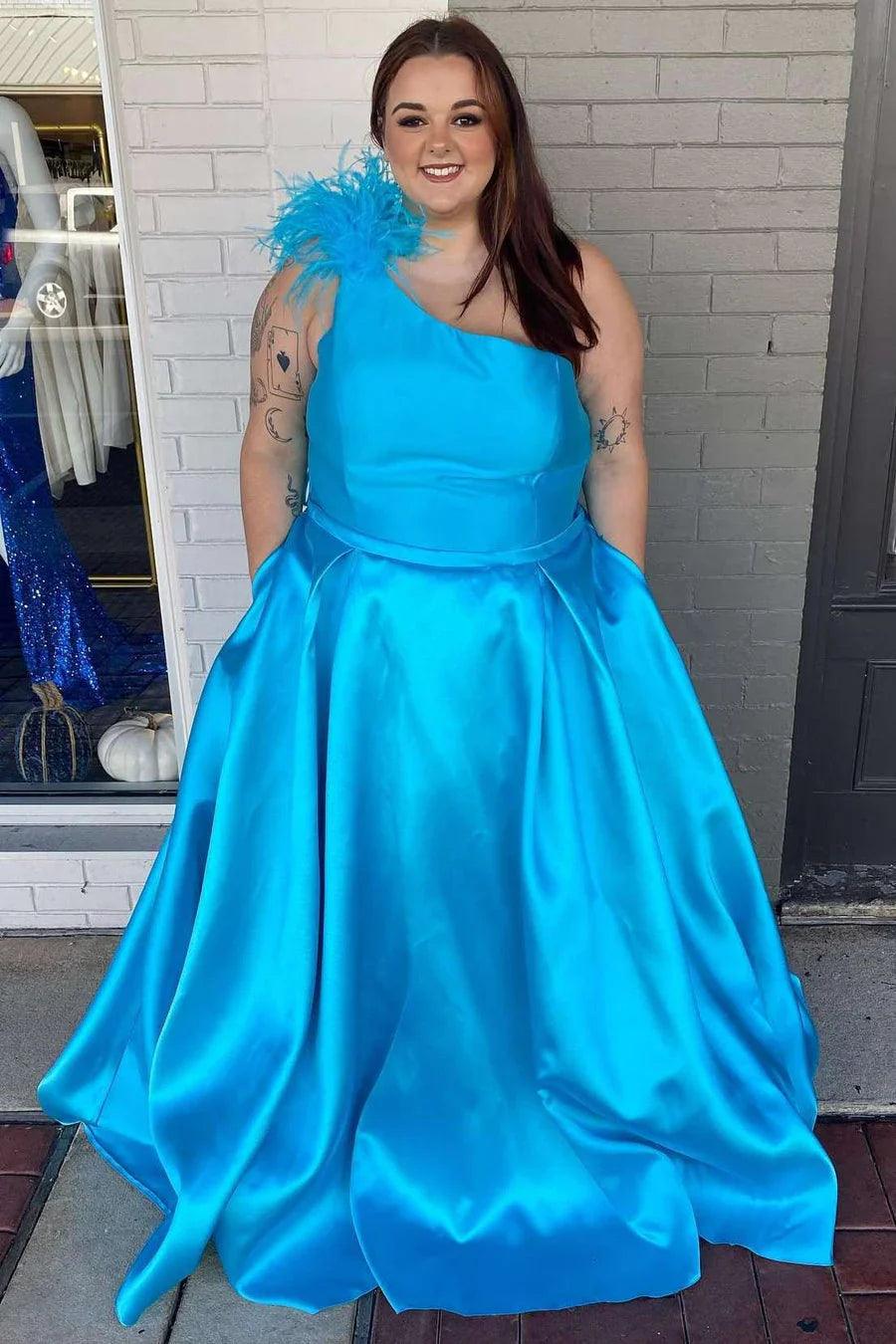 Vestido de fiesta de talla grande, corte A, un hombro, plumas, largo, con bolsillos