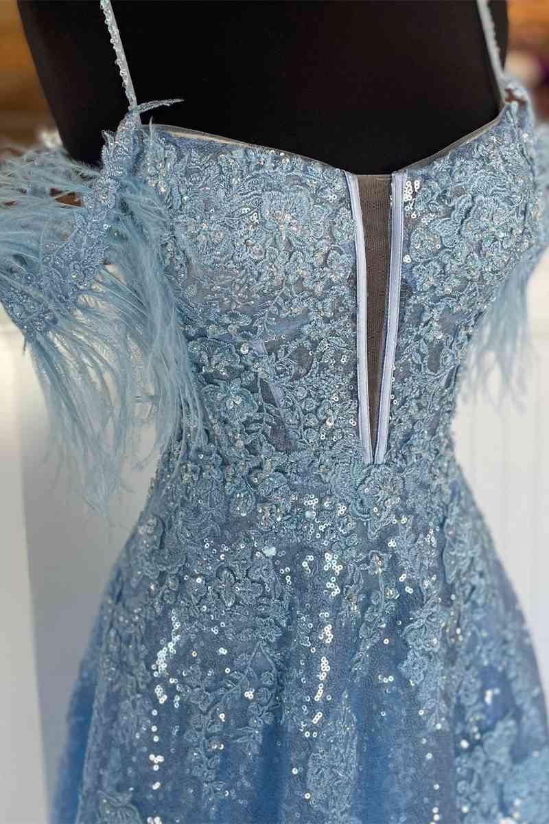 Vestido de fiesta de talla grande, corte A, ligero, con abertura de plumas, largo y apliques