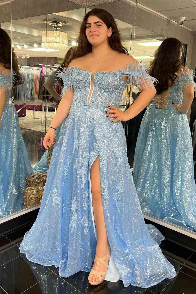Vestido de fiesta de talla grande, corte A, ligero, con abertura de plumas, largo y apliques
