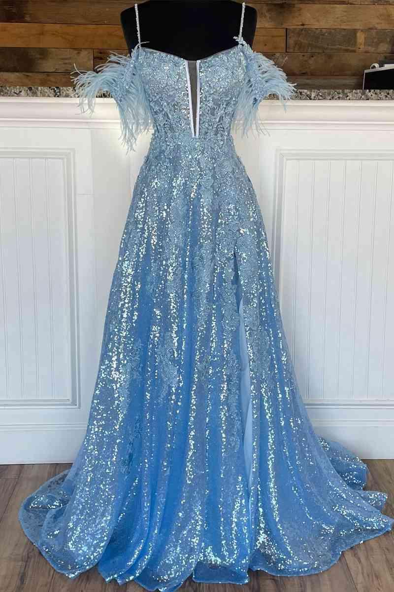 Vestido de fiesta de talla grande, corte A, ligero, con abertura de plumas, largo y apliques