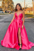 Ballkleid in Übergröße A-Linie Satin trägerlos mit Schlitz