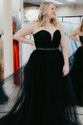Vestido de fiesta de talla grande, corte A, sin tirantes, de tul, largo con cuentas