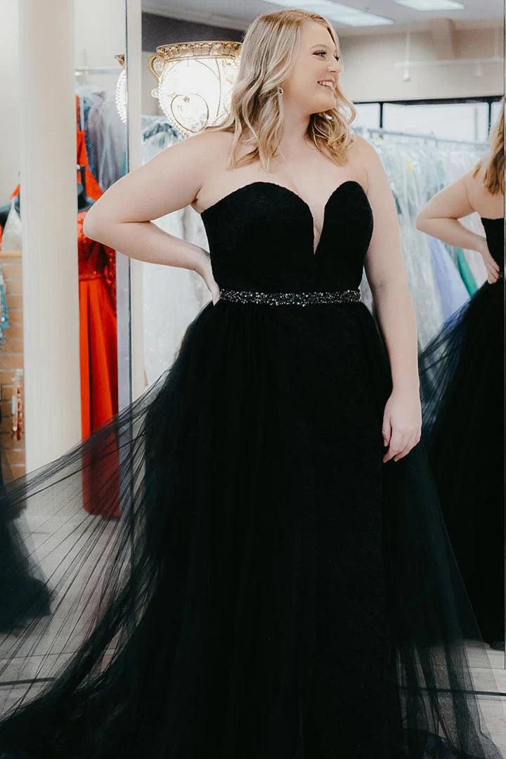 Vestido de fiesta de talla grande, corte A, sin tirantes, de tul, largo con cuentas