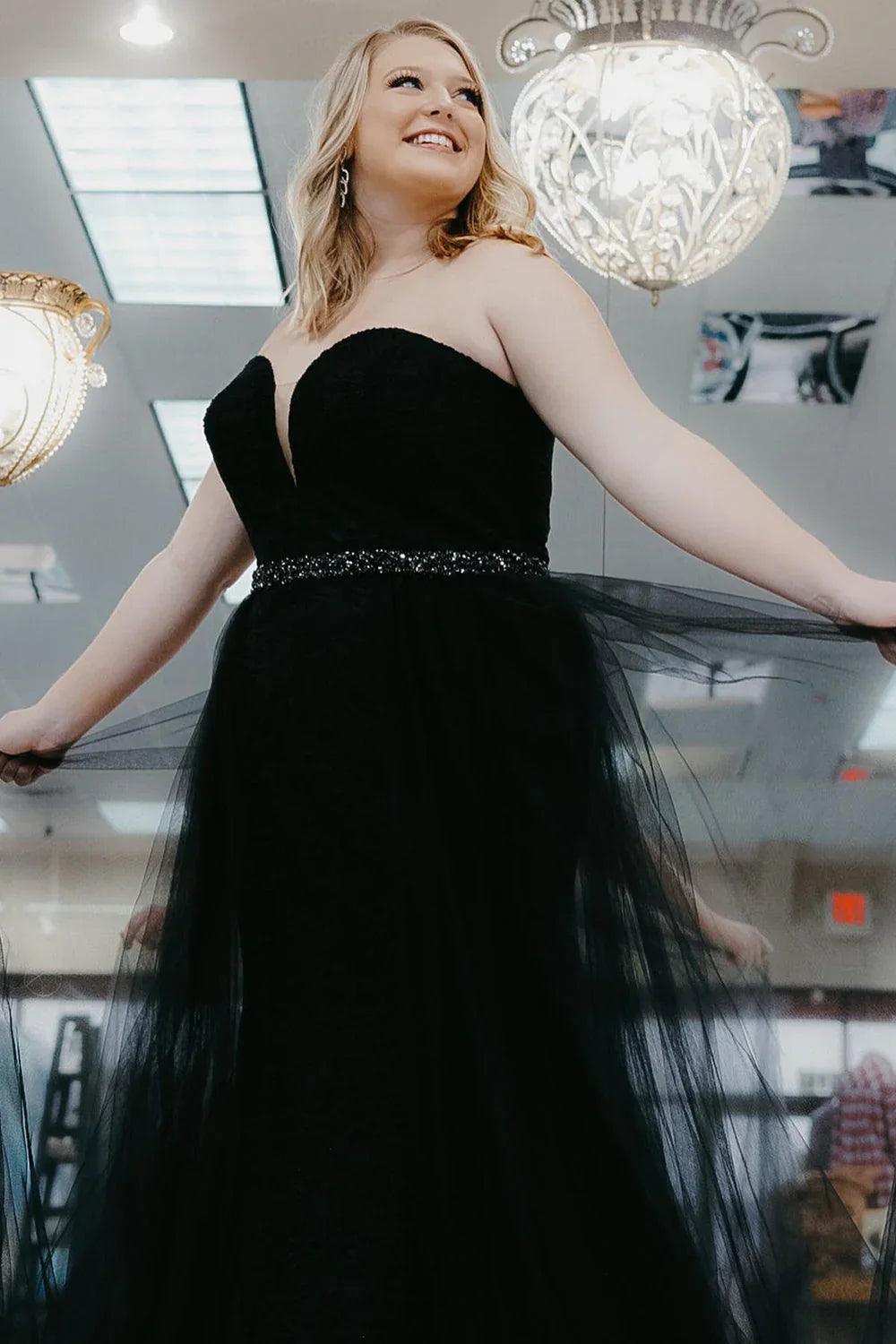 Vestido de fiesta de talla grande, corte A, sin tirantes, de tul, largo con cuentas