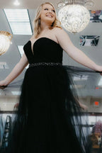 Vestido de fiesta de talla grande, corte A, sin tirantes, de tul, largo con cuentas
