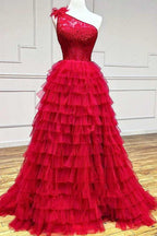 Vestido de fiesta de talla grande, vestido de baile, encaje, un hombro, varios niveles con volantes