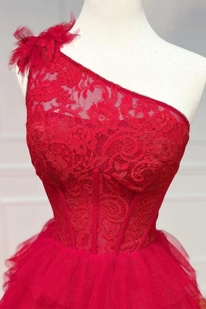 Vestido de fiesta de talla grande, vestido de baile, encaje, un hombro, varios niveles con volantes