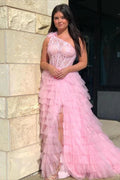 Vestido de fiesta de talla grande, vestido de baile, encaje, un hombro, varios niveles con volantes