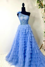 Vestido de fiesta de talla grande, vestido de baile, encaje, un hombro, varios niveles con volantes