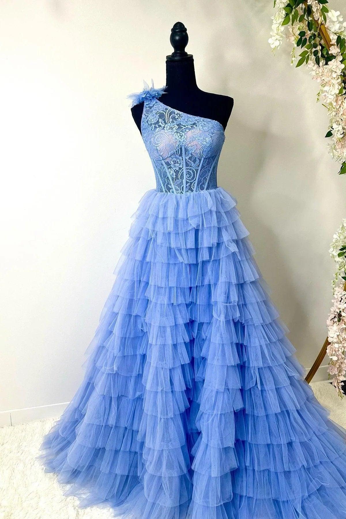 Vestido de fiesta de talla grande, vestido de baile, encaje, un hombro, varios niveles con volantes