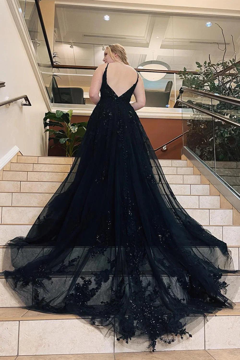 Vestido de fiesta de talla grande, corte A, tirantes finos, tul con apliques
