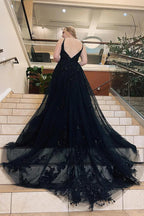 Vestido de fiesta de talla grande, corte A, tirantes finos, tul con apliques