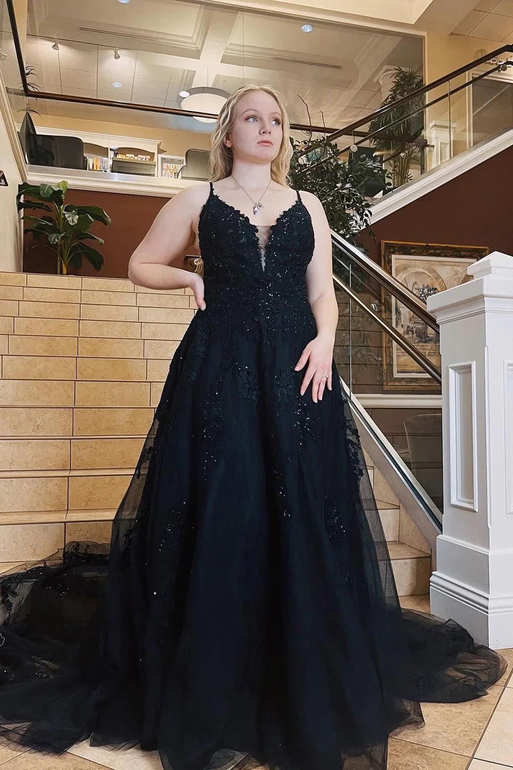Vestido de fiesta de talla grande, corte A, tirantes finos, tul con apliques