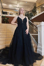 Vestido de fiesta de talla grande, corte A, tirantes finos, tul con apliques