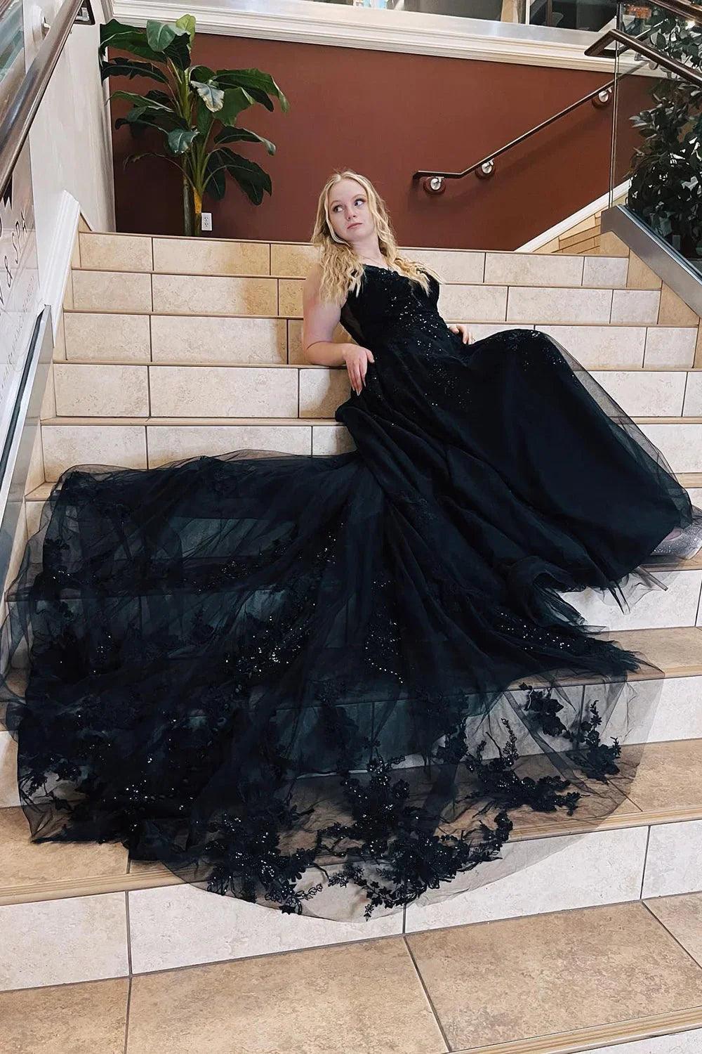Vestido de fiesta de talla grande, corte A, tirantes finos, tul con apliques
