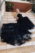 Vestido de fiesta de talla grande, corte A, tirantes finos, tul con apliques