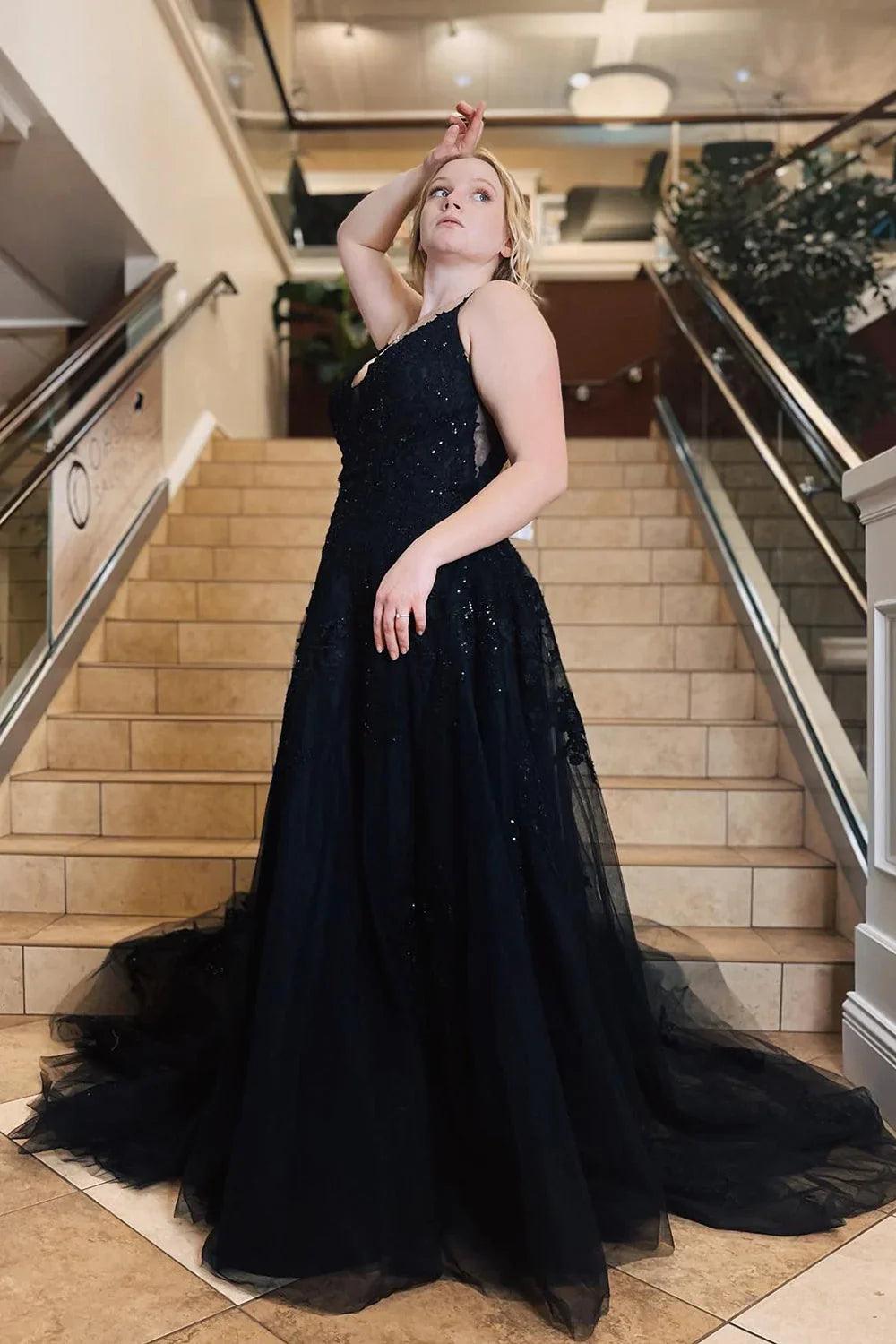 Vestido de fiesta de talla grande, corte A, tirantes finos, tul con apliques
