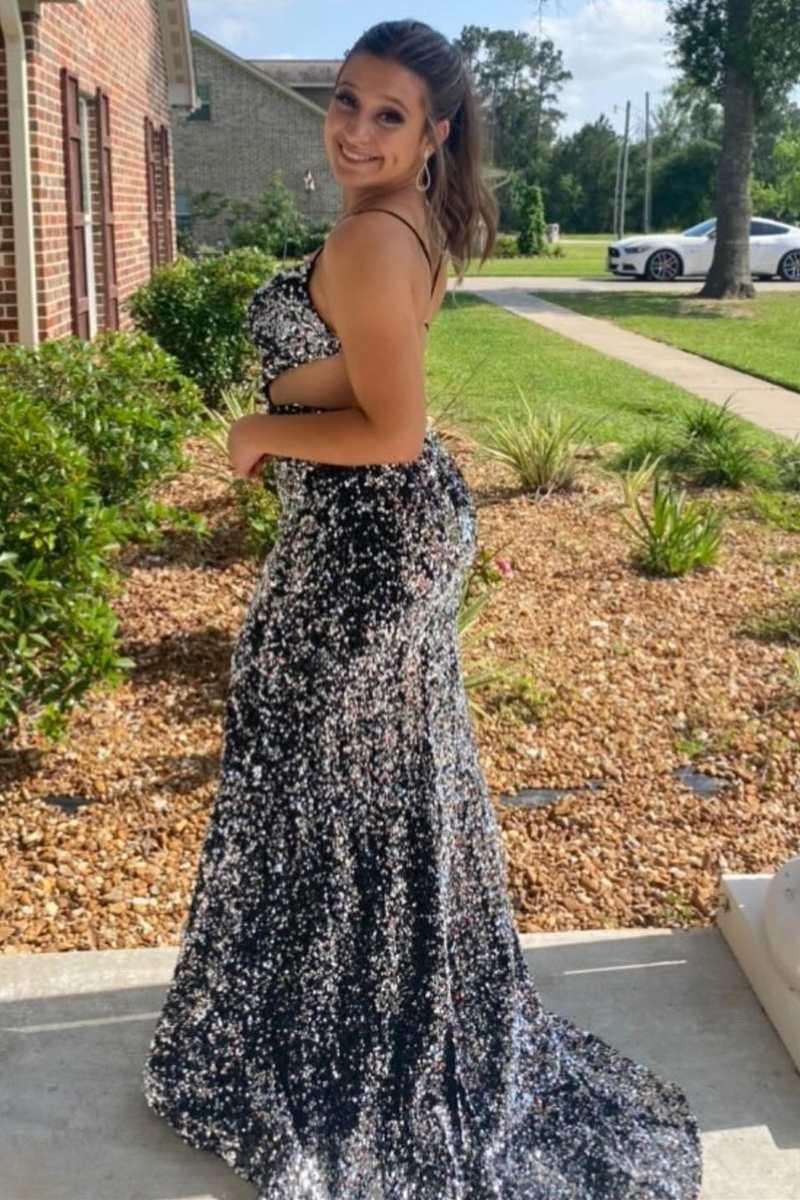 Vestido de fiesta de talla grande con lentejuelas, escote en V, corte sirena, largo con abertura