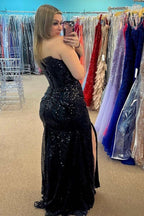 Vestido de fiesta de talla grande con lentejuelas, sin tirantes, sirena, largo con abertura