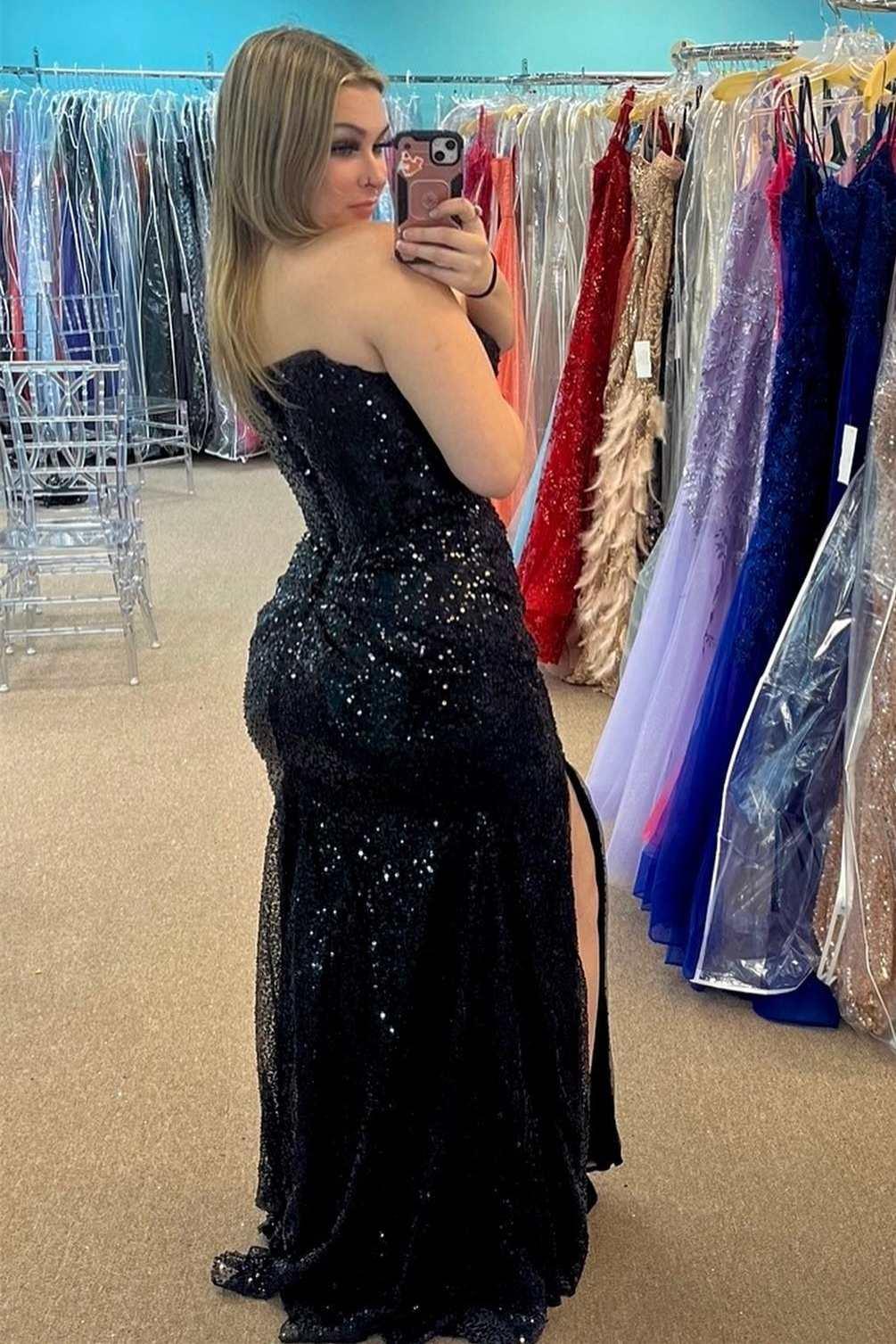 Vestido de fiesta de talla grande con lentejuelas, sin tirantes, sirena, largo con abertura