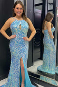 Vestido de fiesta de talla grande con lentejuelas iridiscentes, escote tipo sirena con abertura y abertura